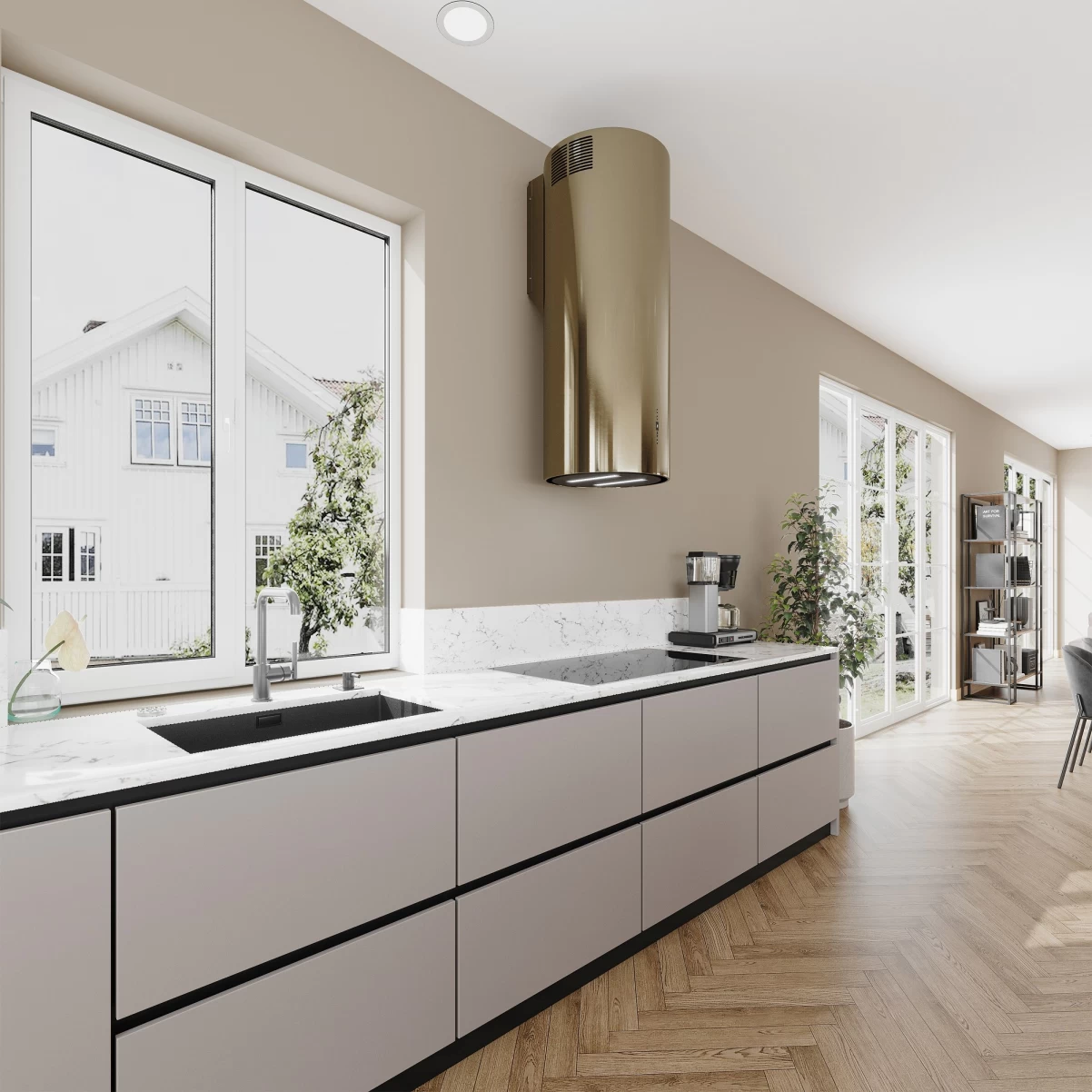 Vägghängd cylinder köksfläkt 40cm guld/mässing|SWEDLUXURY|Harmony