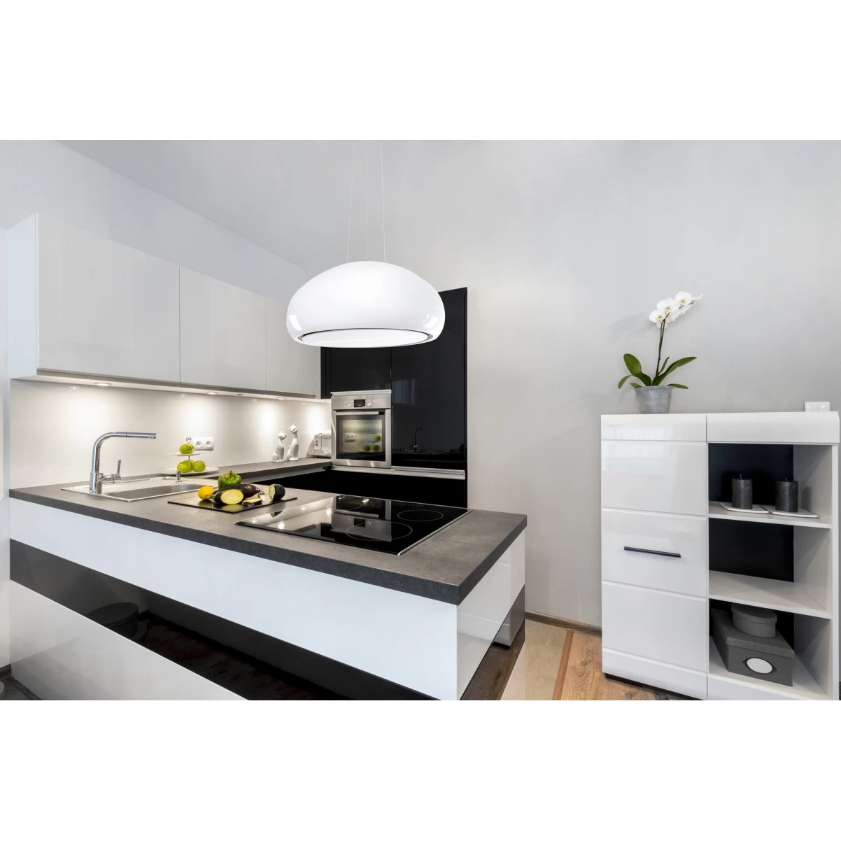 Vajerhängd keramisk köksfläkt 40cm vit + vit glas |SWEDLUXURY|Impresario