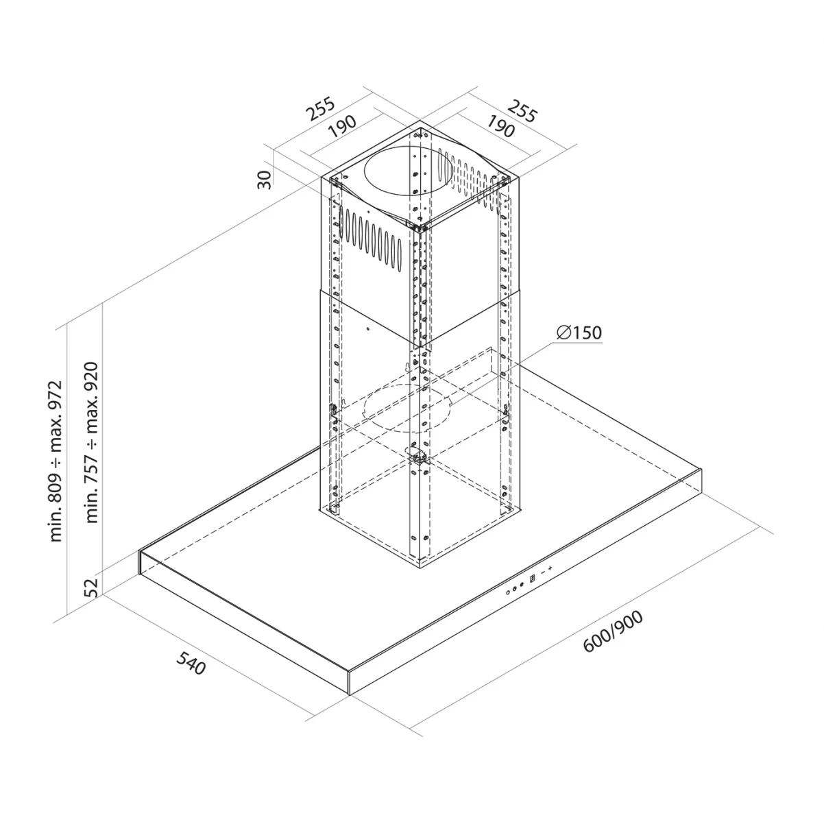 Frihängande köksfläkt 60cm / 90 cm rostfritt stål+ svart glas|SWEDLUXURY|Pacific