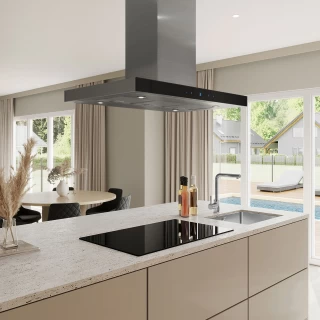 Frihängande köksfläkt 90 cm rostfritt stål+ svart glas|SWEDLUXURY|Verde