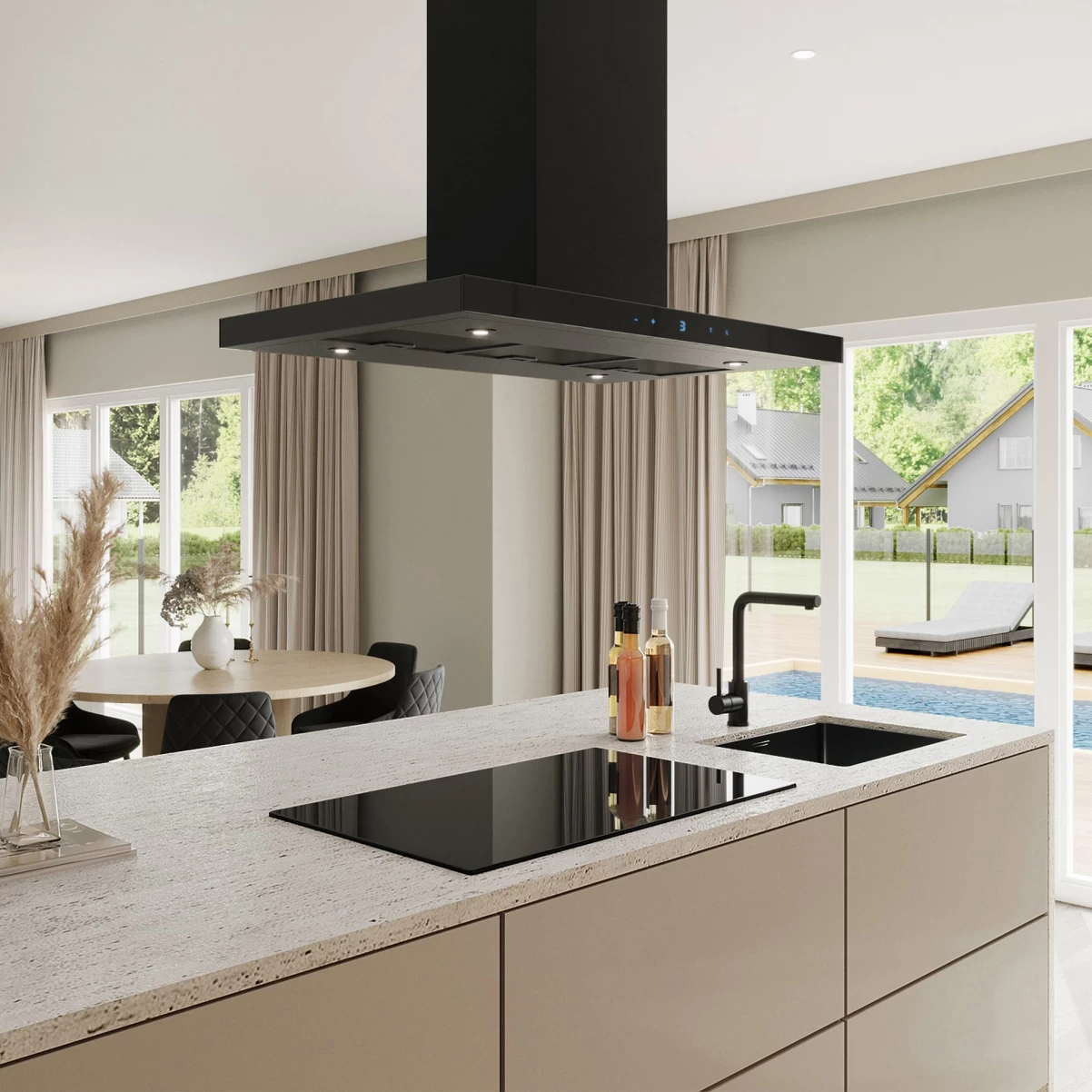 Frihängande köksfläkt 90 cm svart matt+ svart glas|SWEDLUXURY|Verde