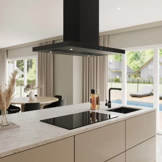 Frihängande köksfläkt 90 cm svart matt+ svart glas|SWEDLUXURY|Verde